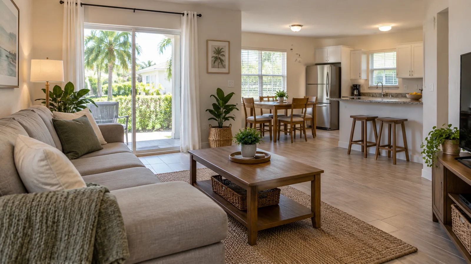 Clean furnished living room and kitchen in a shared residence