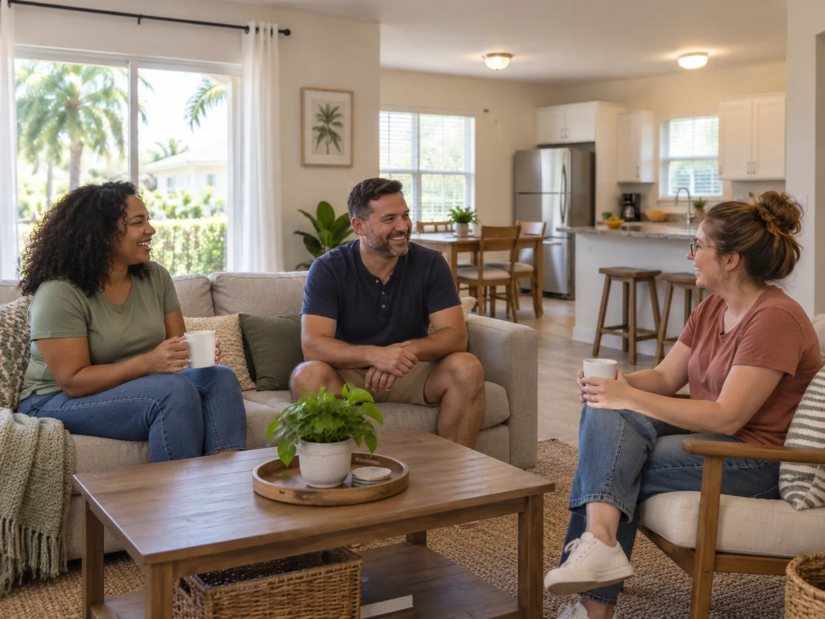 Adults talking together in a shared residential living room