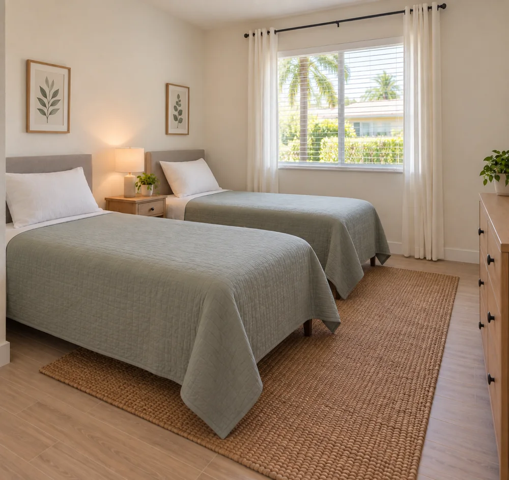 Simple shared bedroom with two single beds