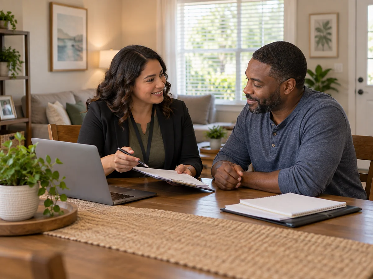 Housing professional meeting with a resident in a home