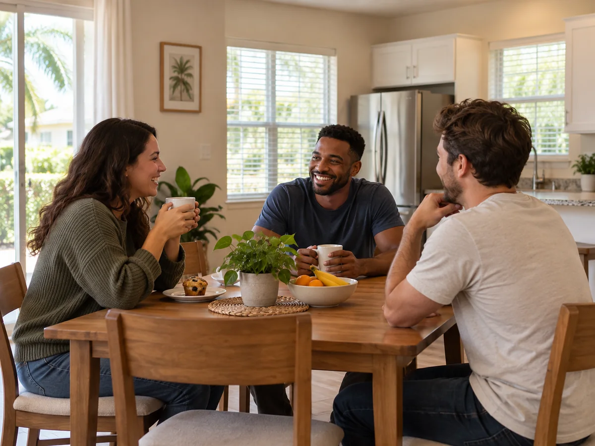 Adults spending time together in a shared home dining area