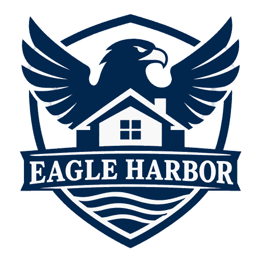 Eagle Harbor Residences crest: an eagle above a house, over water, with the words Eagle Harbor